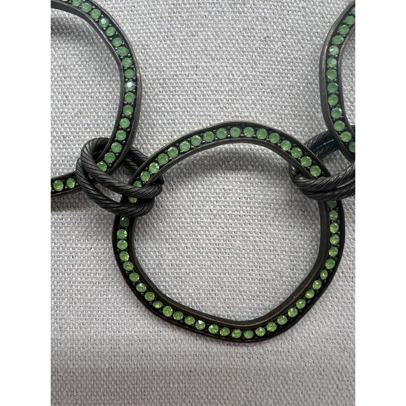 Chunky Link Necklace Large Circle Links Dark Metal Green Rhinestones Glows - Picture 3 of 7